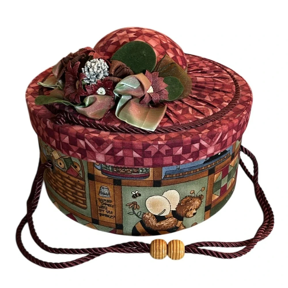 Vintage Fabric Covered Hat Box Shape Sewing Basket Organizer with Floral Accent